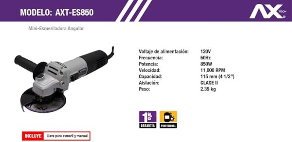 MINI ESMERILADORA ANGULAR 4 1/2" 120V 850W AXT - Imagen 3