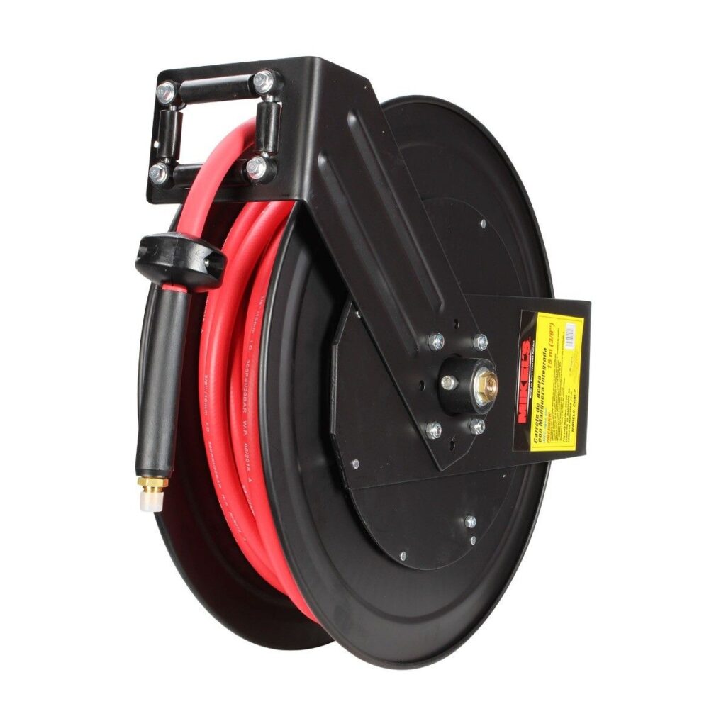 CARRETE DE ACERO C/ MANGUERA 1/4" RETRACTIL 15MTS CAM-2 MIKELS Para agua y aire 350 psi